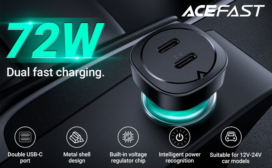 شاحن سيارة تايب سي مزدوج ايس فاست (ACEFAST B2 72W) منفذين USB-C شحن سريع