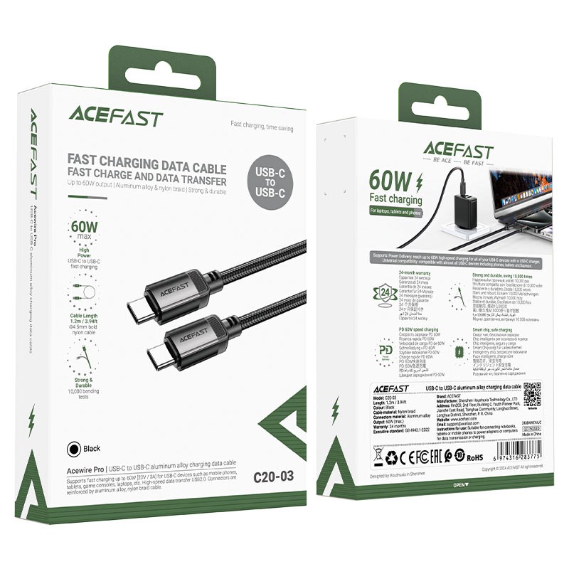 كيبل تايب سي إلى تايب سي ACEFAST C20-03 (شحن سريع 60W – تصميم فاخر)