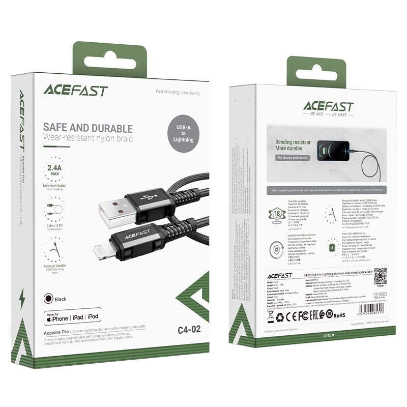 كيبل شحن USB-A إلى Lightning ايس فاست (ACEFAST C4-02) نايلون مجدول 1.8م معتمد MFI