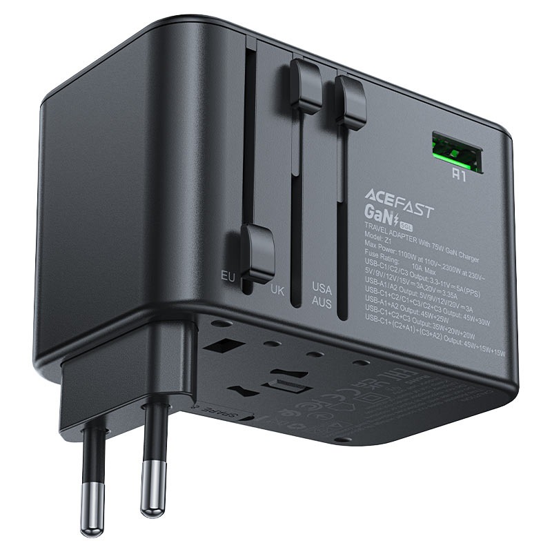 محول شحن وسفر عالمي ايس فاست (ACEFAST Z1 PD75W GaN) 5 منافذ + مقبس 2300W