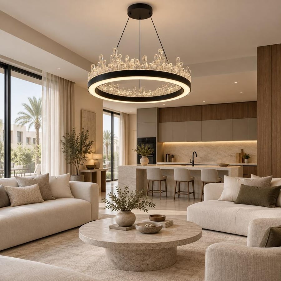 ثريا مودرن دائرية ألمنيوم وأكريليك كريستالي 3 درجات إضاءة LED (ذهبي وأسود)