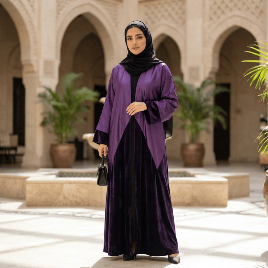 عباية  مخمل فرنسي +حرير ستان لماع بنفسجي