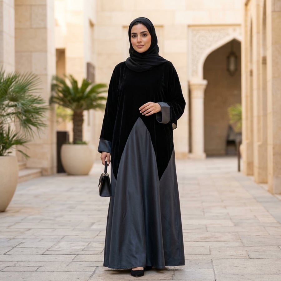 عباية  مخمل فرنسي +حرير ستان لماع أسود