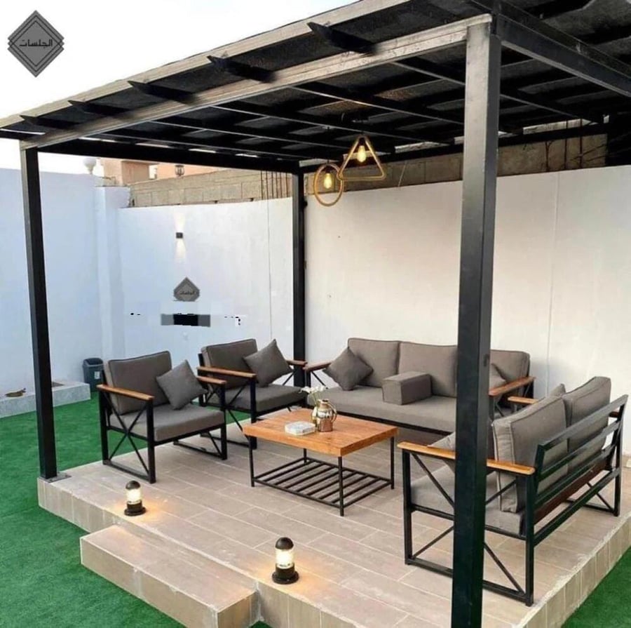 Outdoor sitting set for 7 people, iron with wooden