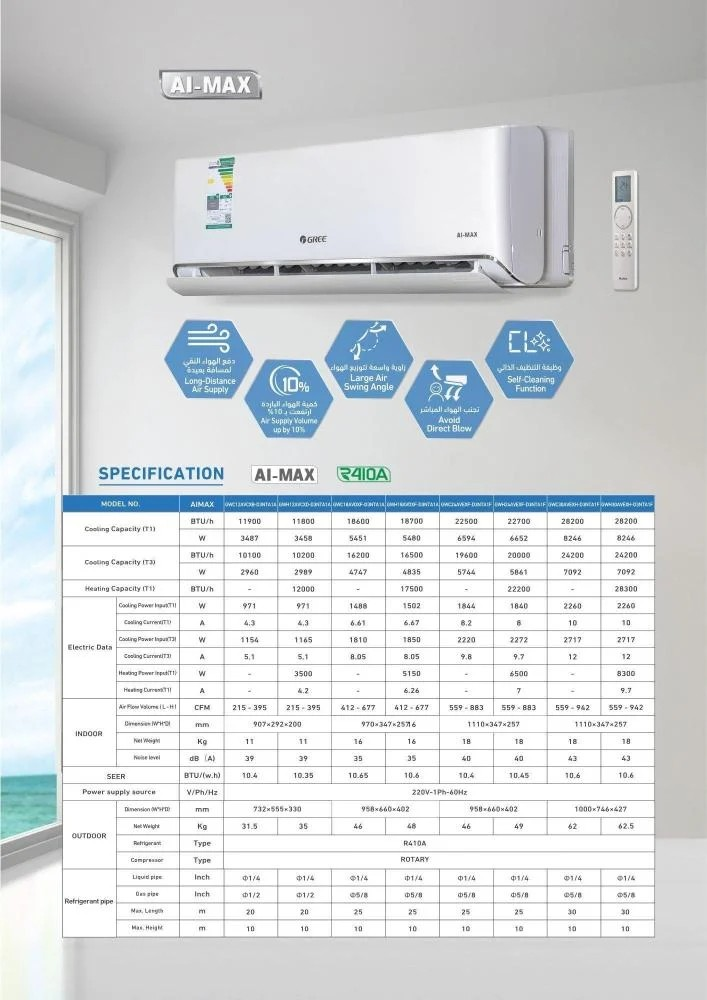 مكيف جري اسبليت إي ماكس 2 طن | 22500 وحدة | بارد فقط – GWC24AVEXF-D3NTA1F