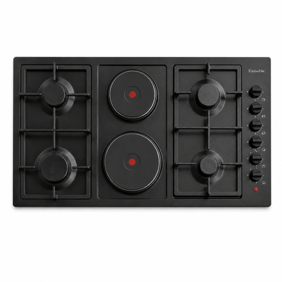 سطح كتشن نت MP2201019 – 4 عيون غاز + 2 عين كهرباء – أسود مطفي – بلت ان – تصميم فاخر وأداء متعدد