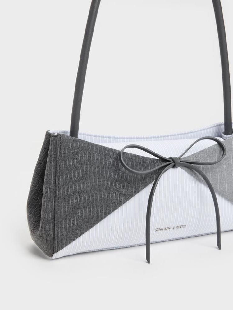 حقيبة هازل ميديم مخططة مزينة بفيونكة رمادي - تشارلز اند كيث
