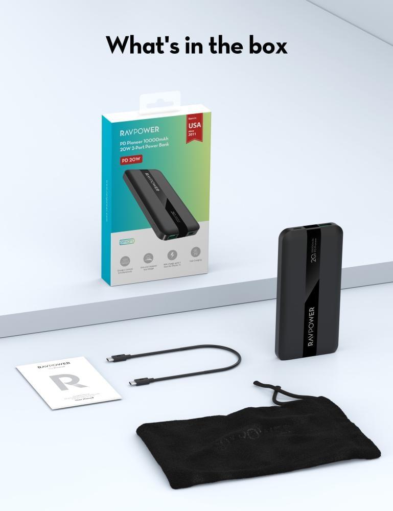 RAVPower battery with a capacity of 10,000 mAh, power of 20 watts, with USB-C port and USB-A port - black