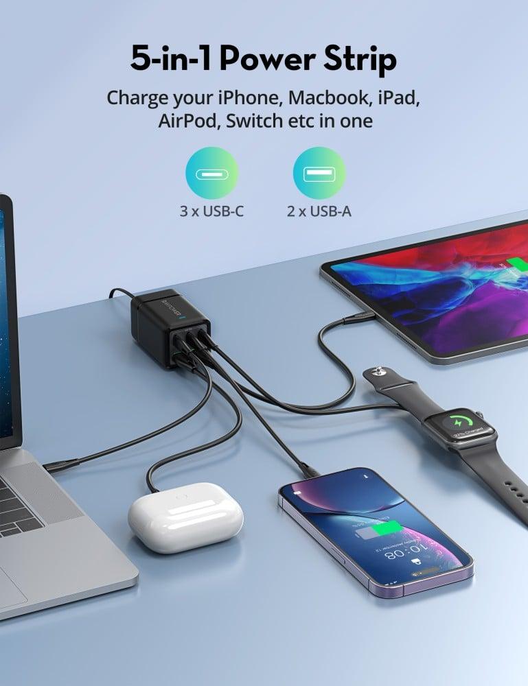 RAV Power charging platform with three USB-C ports and two USB-A ports with 75-watt power - black