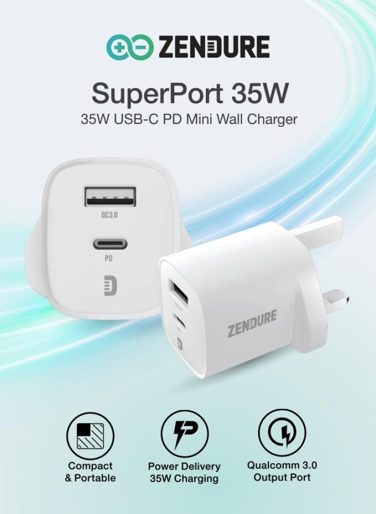 شاحن جداري زندور SuperPort بقوة 35 واط منفذ USB-A ومنفذ USB-C - أبيض