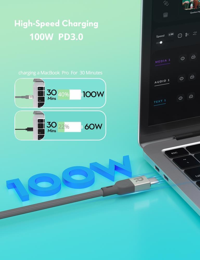 كيبل راف باور USB-C إلى USB-C مغناطيسي بقوة 100 واط بطول 1.2 متر - رمادي