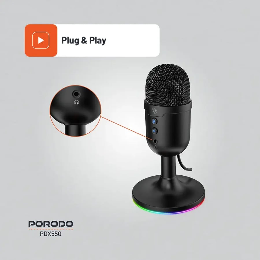 ميكروفون Porodo Gaming متعدد الاتجاهات مع إضاءة RGB - أسود