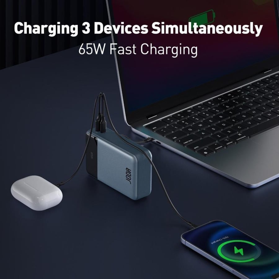 JODA battery with a capacity of 20000 mAh, power of 65 watts, with Type-C port and USB port, with integrated Type-C cable - Gray