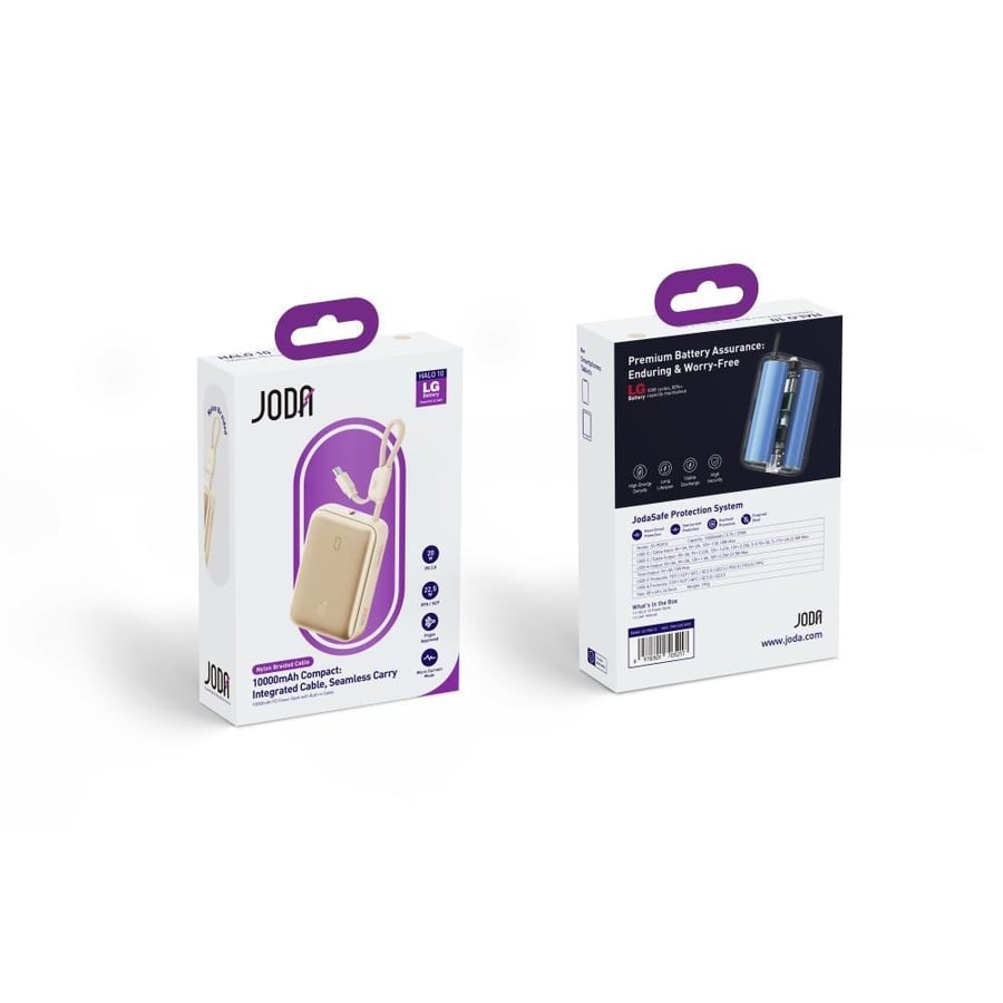 JODA Halo 10 portable battery with 22.5-watt power, 10,000 mAh capacity, with USB-C and USB-A ports, and built-in USB-C cable