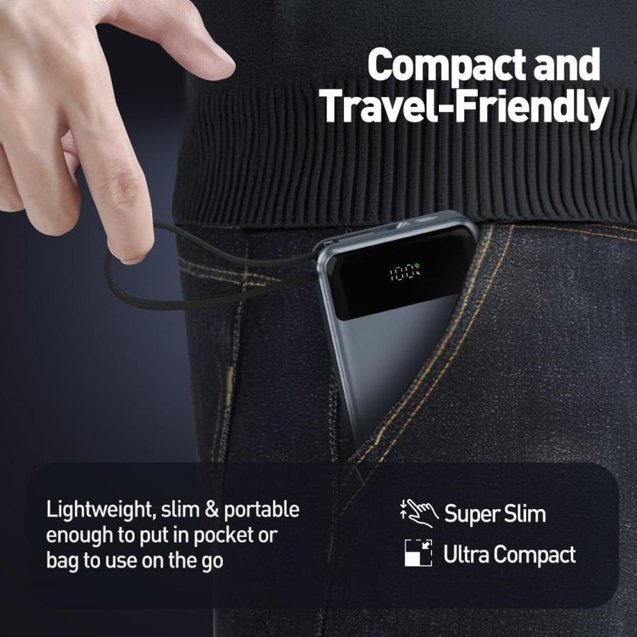 JODA battery with a capacity of 20000 mAh, power of 65 watts, with Type-C port and USB port, with integrated Type-C cable - Gray
