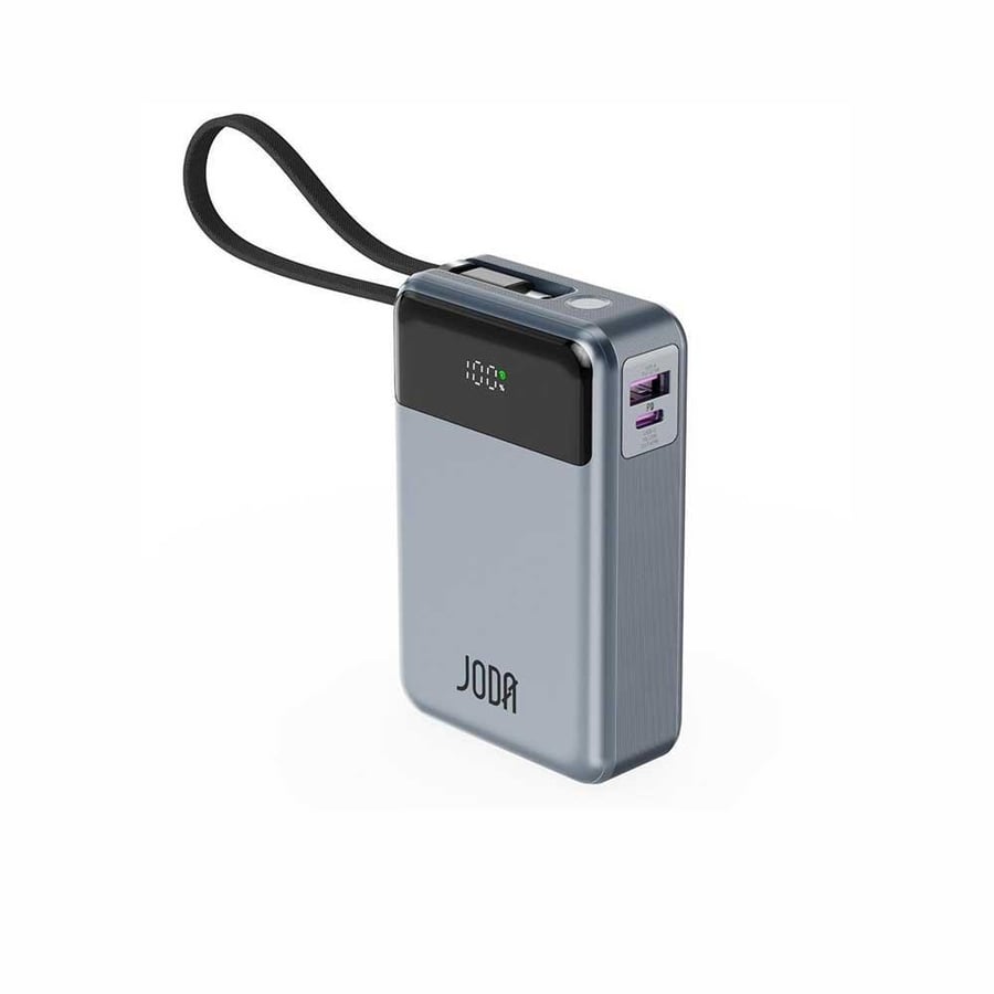 JODA battery with a capacity of 20000 mAh, power of 65 watts, with Type-C port and USB port, with integrated Type-C cable - Gray