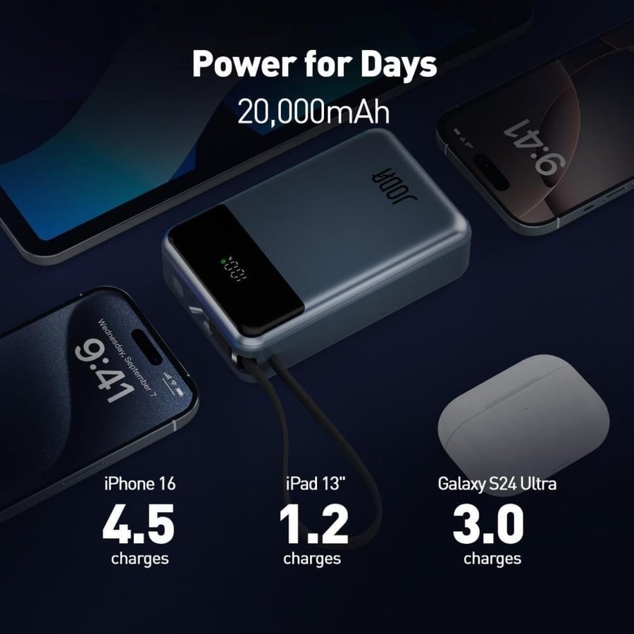 JODA battery with a capacity of 20000 mAh, power of 65 watts, with Type-C port and USB port, with integrated Type-C cable - Gray