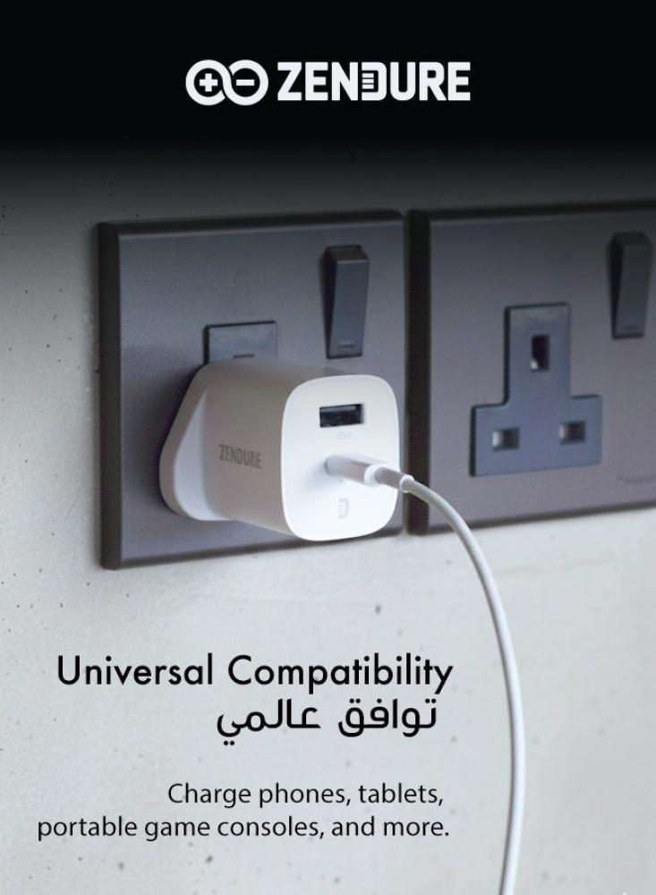 شاحن جداري زندور SuperPort بقوة 35 واط منفذ USB-A ومنفذ USB-C - أبيض