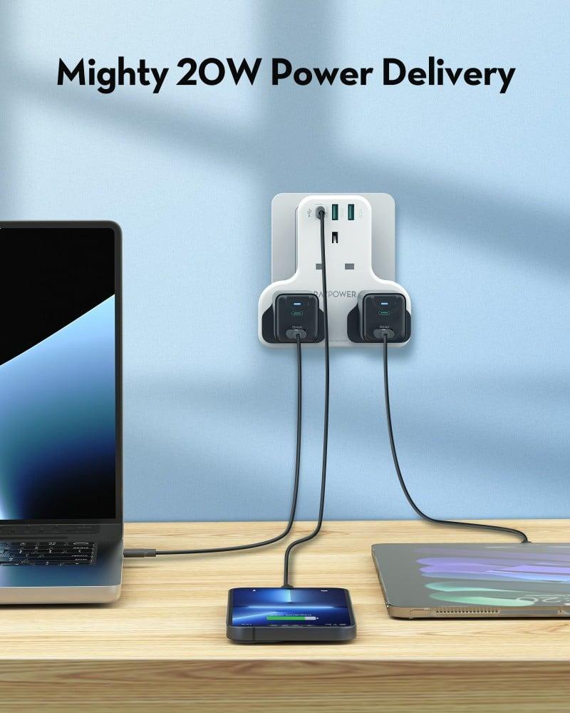 شاحن جداري راف باور بايونير 3 مداخل طاقه ثلاثية مع منفذين USB-A ومنفذ USB-C بتقنية PD بقوة 20 واط - أبيض