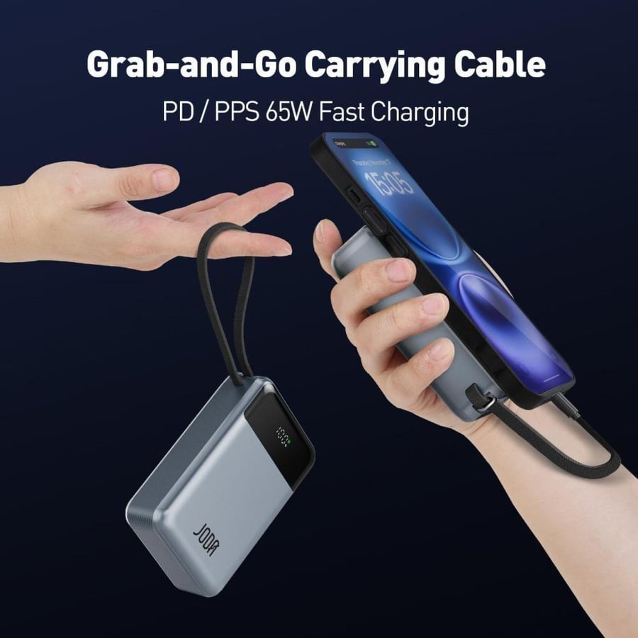 JODA battery with a capacity of 20000 mAh, power of 65 watts, with Type-C port and USB port, with integrated Type-C cable - Gray