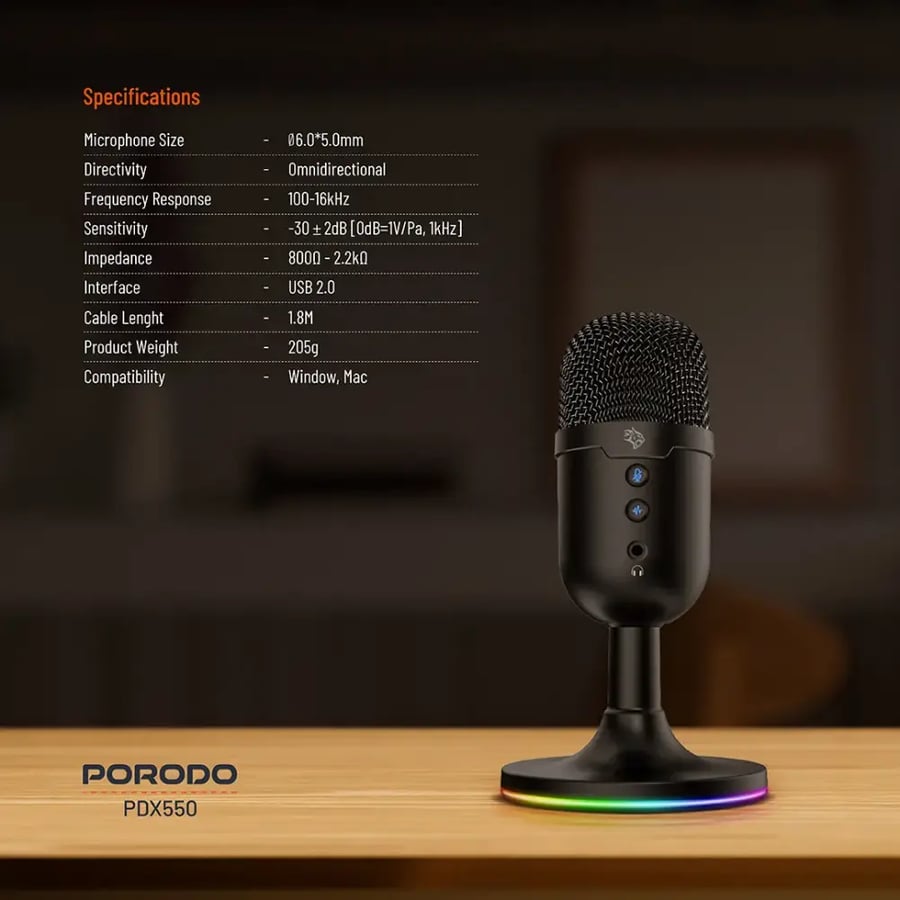 ميكروفون Porodo Gaming متعدد الاتجاهات مع إضاءة RGB - أسود