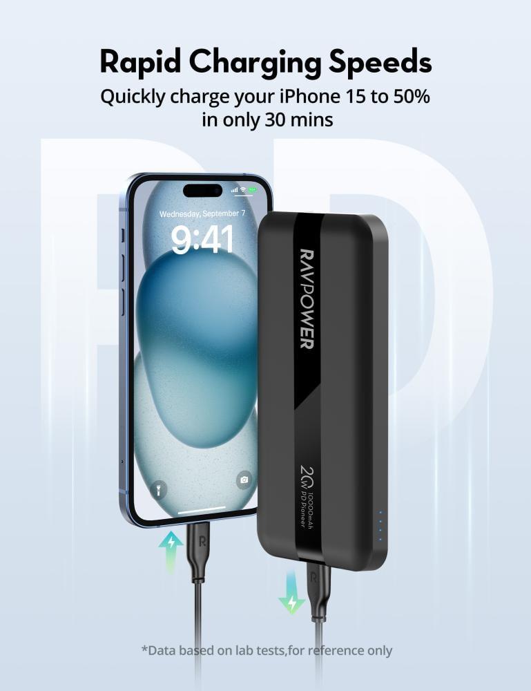 RAVPower battery with a capacity of 10,000 mAh, power of 20 watts, with USB-C port and USB-A port - black