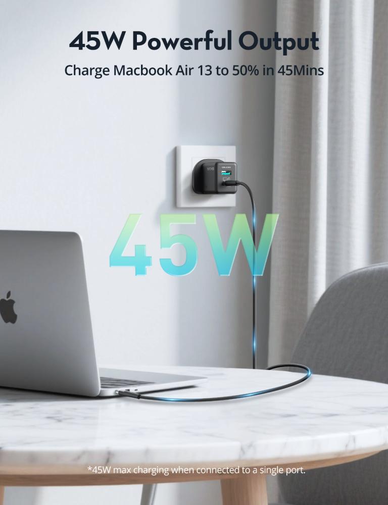 شاحن جداري راف باور بقوة 45 واط بمنفذين USB-A و USB-C