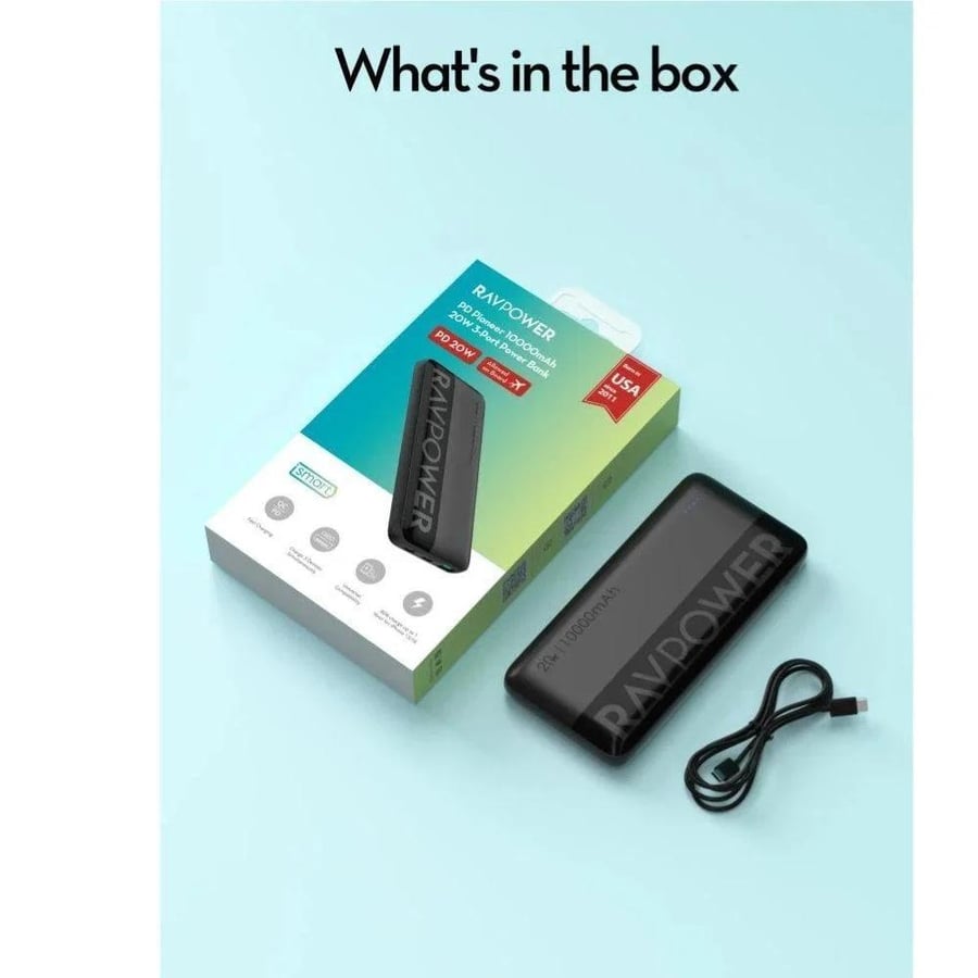 RAVPower battery with capacity of 10,000 mAh, power of 20 watts, with two USB-C ports and one USB-A port - Black