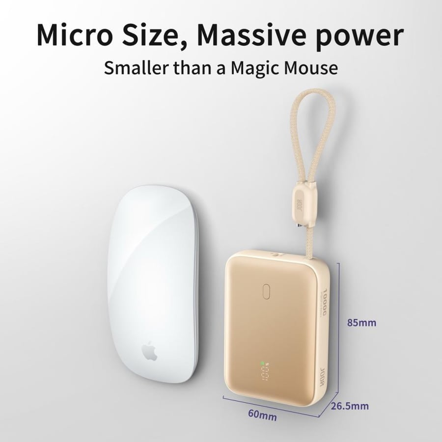 JODA Halo 10 portable battery with 22.5-watt power, 10,000 mAh capacity, with USB-C and USB-A ports, and built-in USB-C cable
