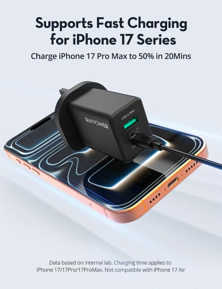 شاحن جداري راف باور بقوة 45 واط بمنفذين USB-A و USB-C