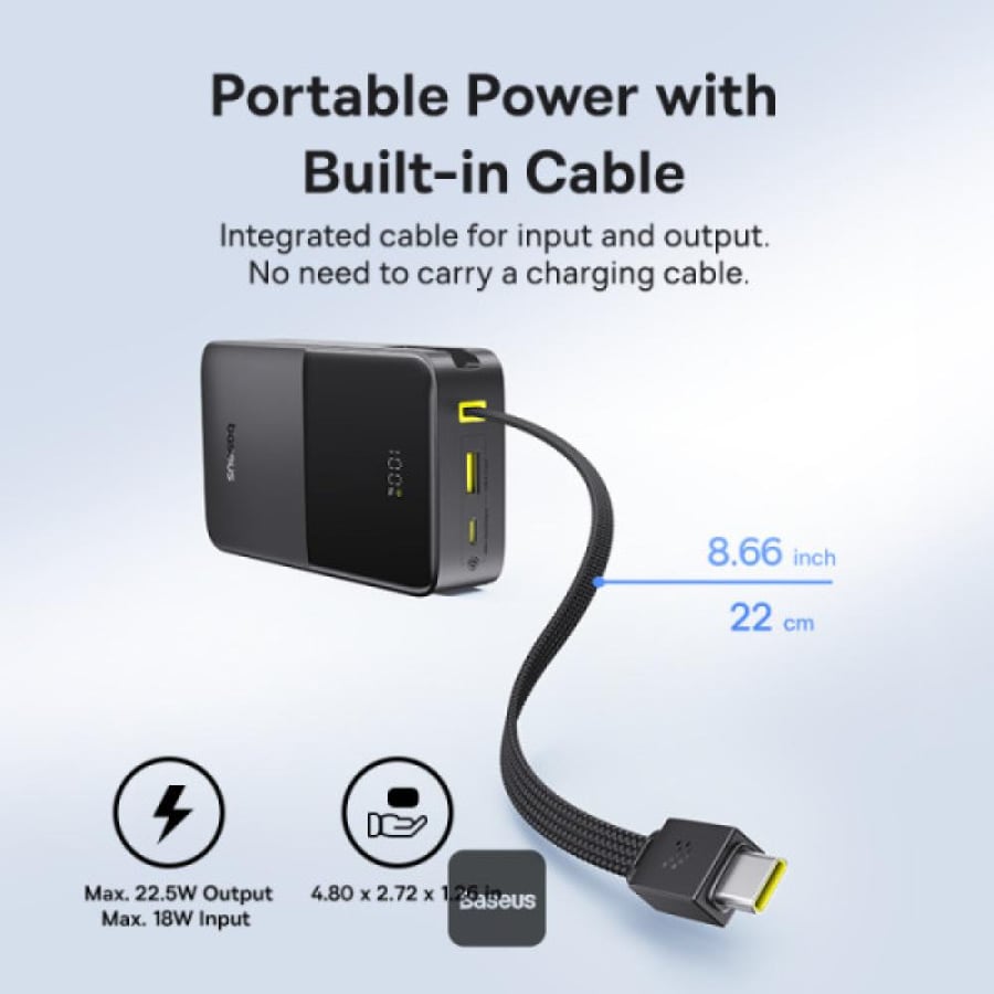 Baseus battery with capacity of 20,000 mAh, power of 22.5 watts, with built-in USB-C cable, digital screen, and two USB-A and USB-C ports