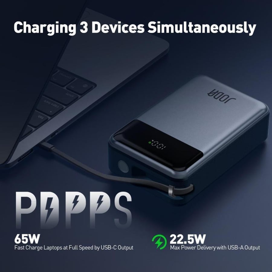 JODA battery with a capacity of 20000 mAh, power of 65 watts, with Type-C port and USB port, with integrated Type-C cable - Gray