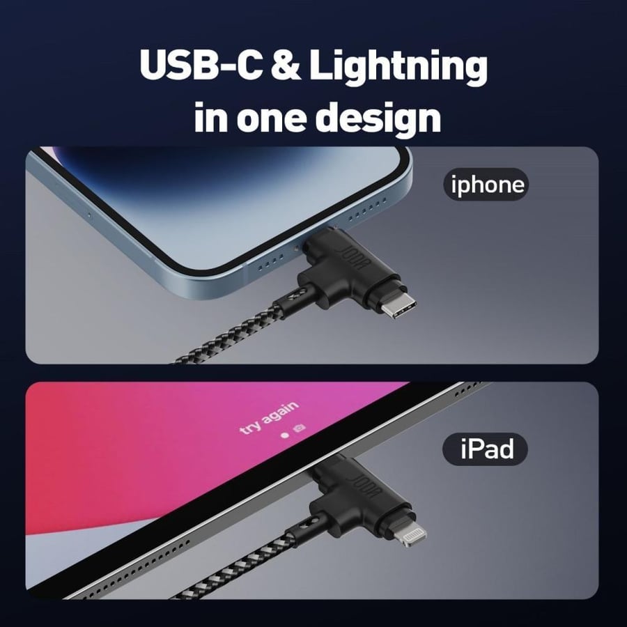 JODA fabric cable Type C to Type C with lightning (1 meter) - Black