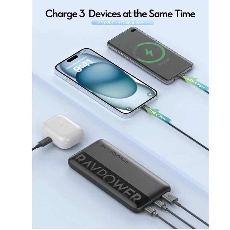 RAVPower battery with capacity of 10,000 mAh, power of 20 watts, with two USB-C ports and one USB-A port - Black