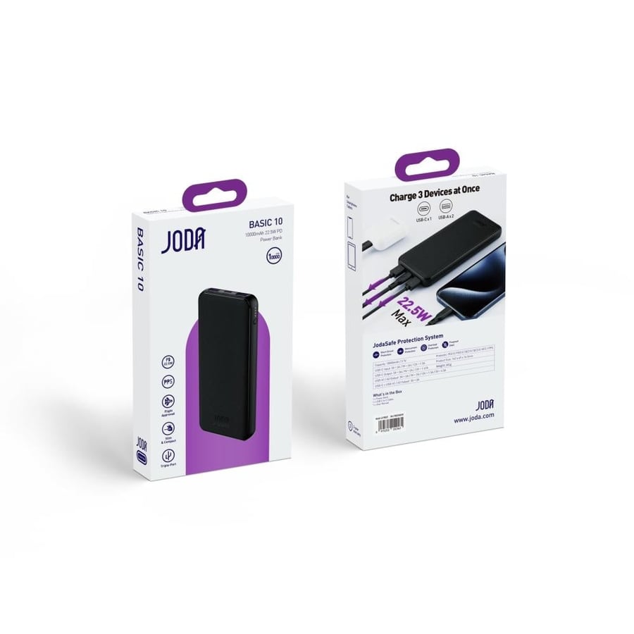 بطارية JODA BASIC 10 بسعة 10,000 ملي امبير بمنفذين USB-A ومنفذ USB-C بقوة 22.5 واط - أسود