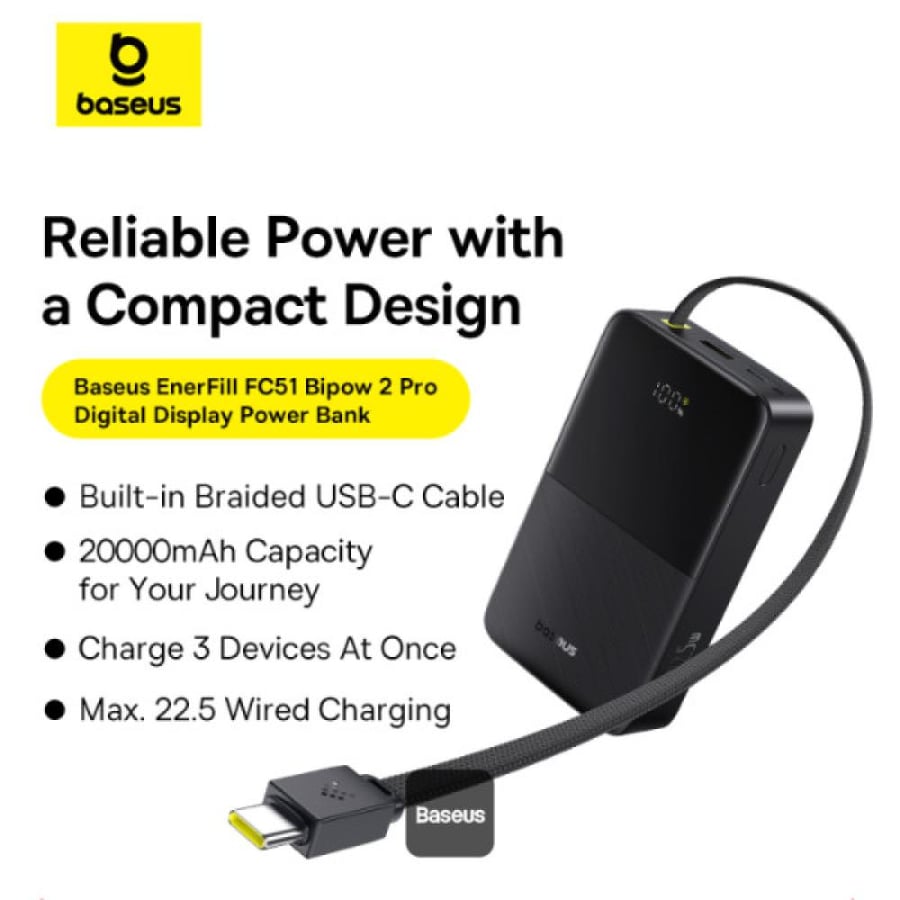 Baseus battery with capacity of 20,000 mAh, power of 22.5 watts, with built-in USB-C cable, digital screen, and two USB-A and USB-C ports