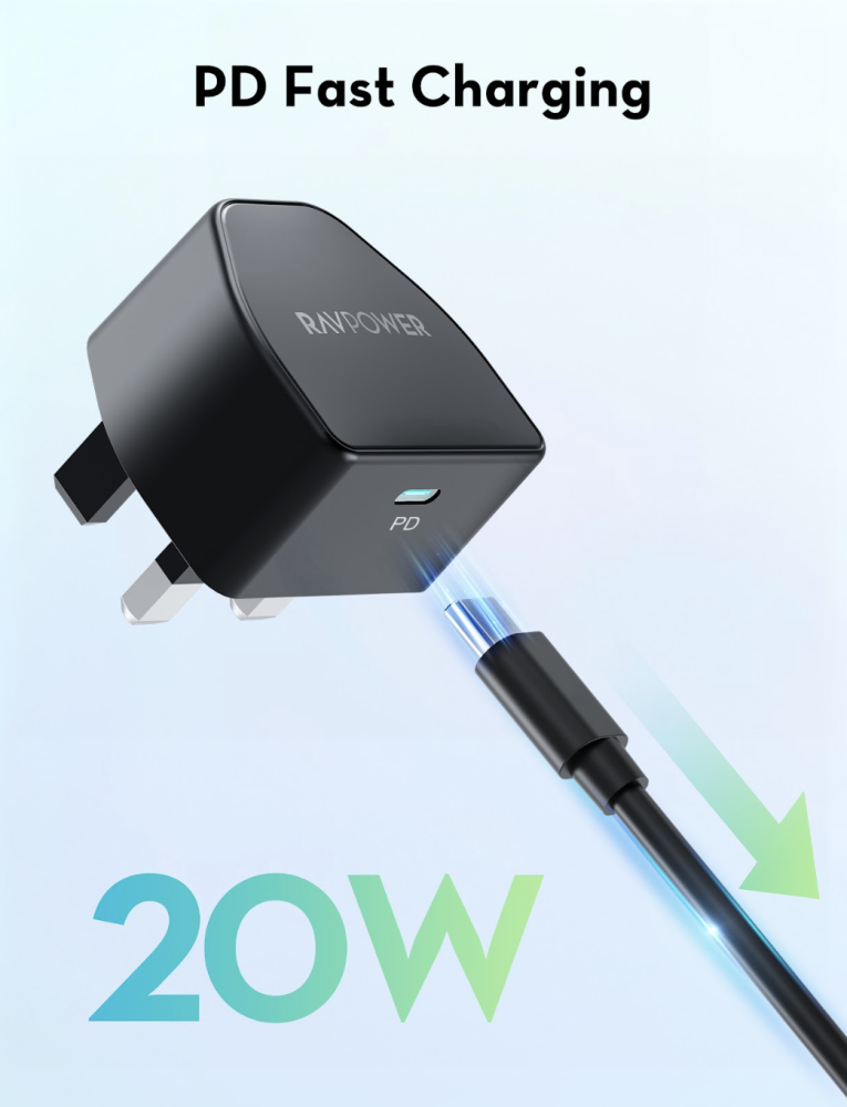 بكج راف باور 3 في 1 (بطارية 10000 مللي أمبير + شاحن جداري بقوة 20 واط + كيبل USB-C بقوة 60 واط) - أسود
