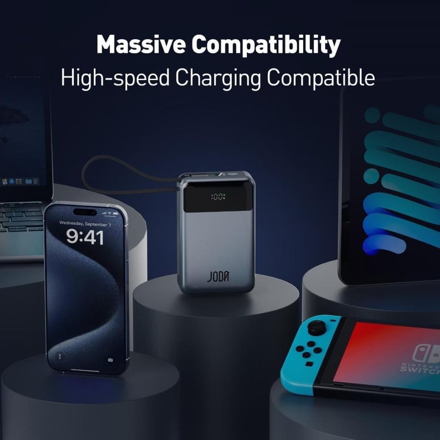 JODA battery with a capacity of 20000 mAh, power of 65 watts, with Type-C port and USB port, with integrated Type-C cable - Gray