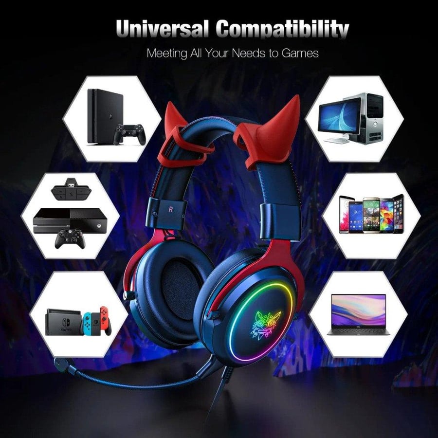 ONIKUMA X10 professional wired gaming headphones with bull horns, RGB lighting, and microphone - black/red