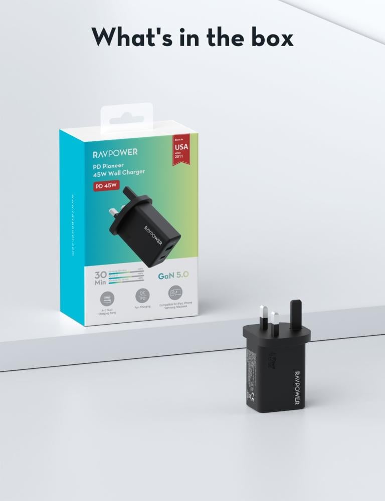 شاحن جداري راف باور بقوة 45 واط بمنفذين USB-A و USB-C