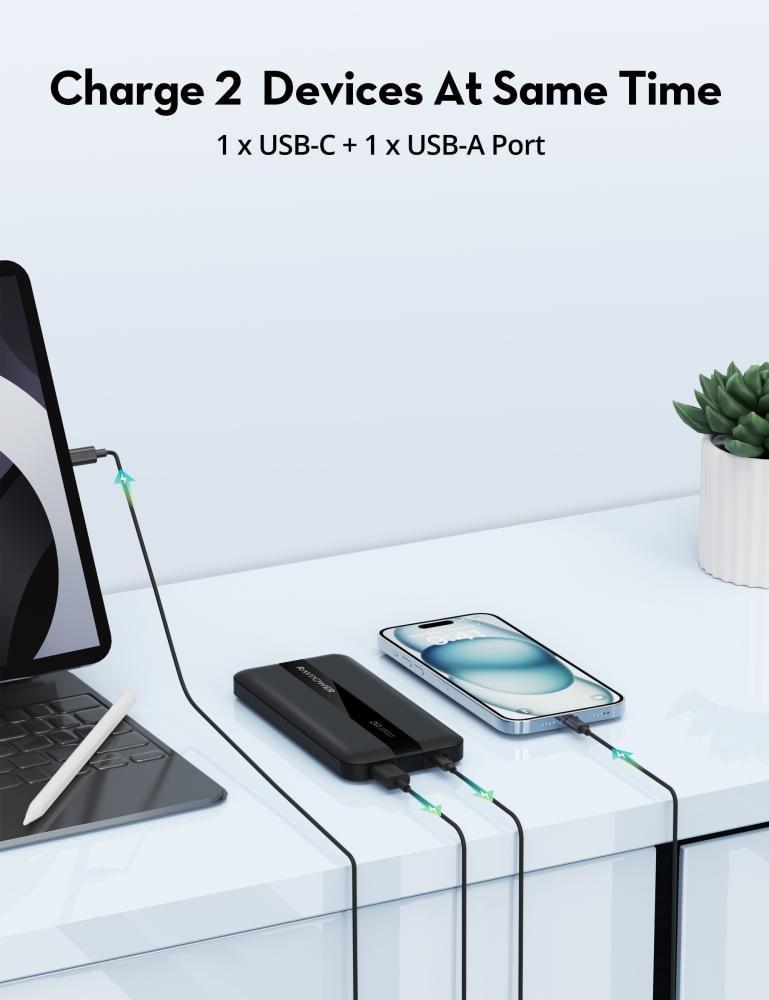 RAVPower battery with a capacity of 10,000 mAh, power of 20 watts, with USB-C port and USB-A port - black