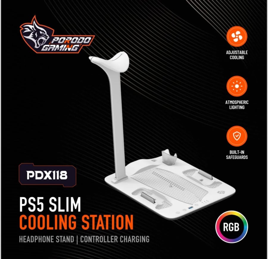 قاعدة Porodo Gaming لتنظيم وتبريد PS5 Slim مع شاحن مغناطيسي - أبيض