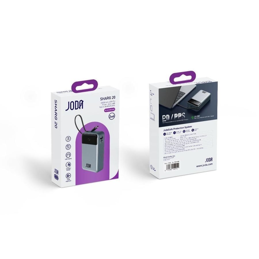 JODA battery with a capacity of 20000 mAh, power of 65 watts, with Type-C port and USB port, with integrated Type-C cable - Gray