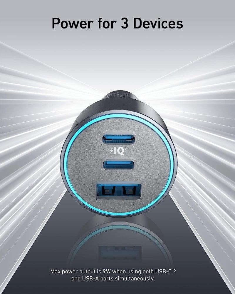 Anker car charger 535 with two USB-C ports and one USB-A port with 67-watt power - Gray
