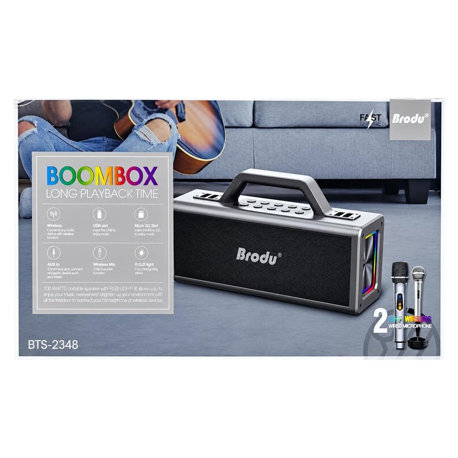 مكبر صوت Brodu BTS-2348 بلوتوث بقوة 100 واط وإضاءة RGB مزود بميكروفونين