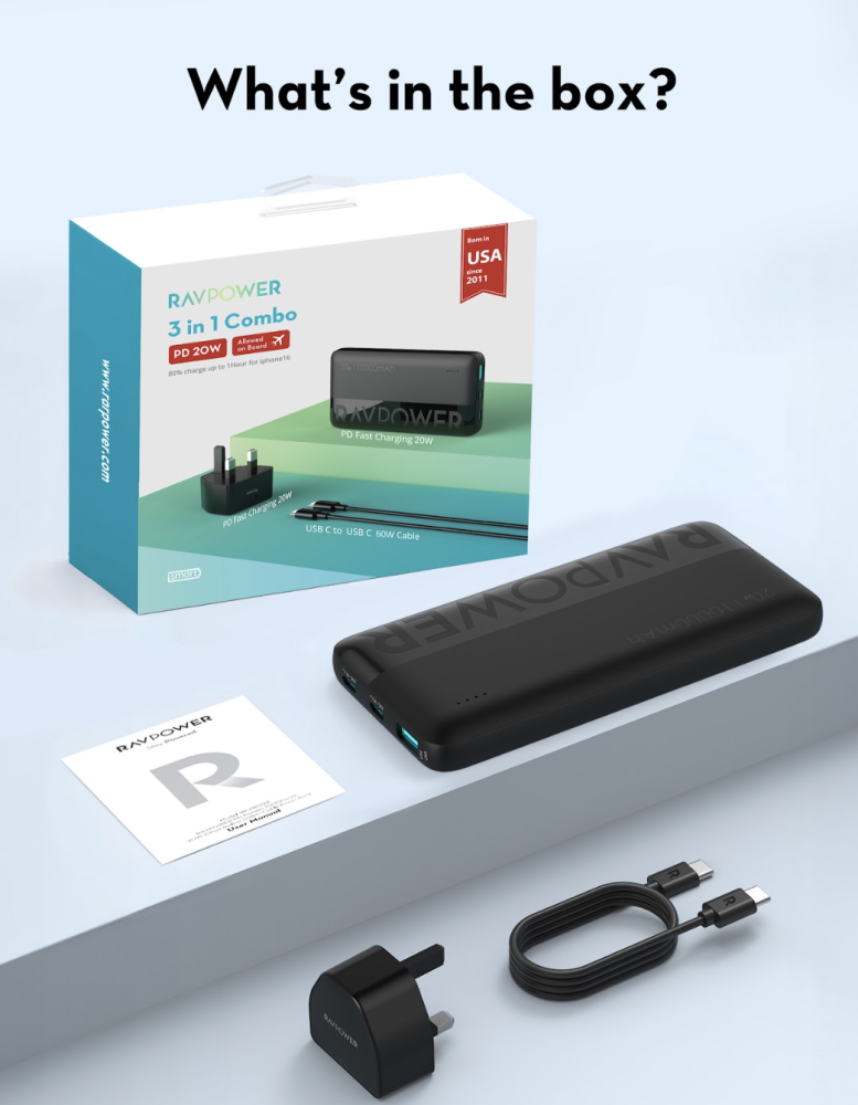 بكج راف باور 3 في 1 (بطارية 10000 مللي أمبير + شاحن جداري بقوة 20 واط + كيبل USB-C بقوة 60 واط) - أسود