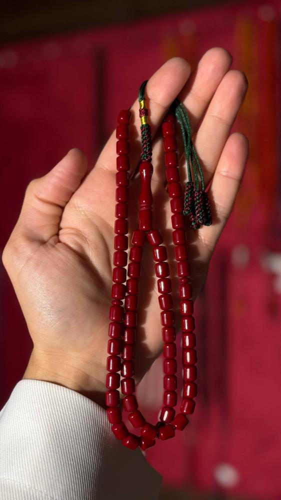 Amber musk prayer beads with maroon Karkousha, custom-made