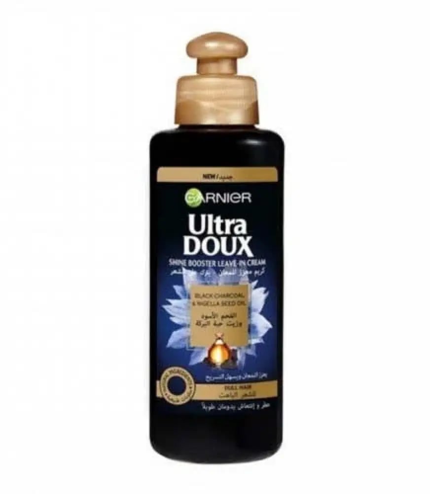 غارنييه ألترا دو كريم يُترك على الشعر بالفحم الأسود وزيت حبة البركة 200 مل - Garnier Ultra Doux Shine Booster Leave-In Cream Black Charcoal & Nigella Oil 200ml