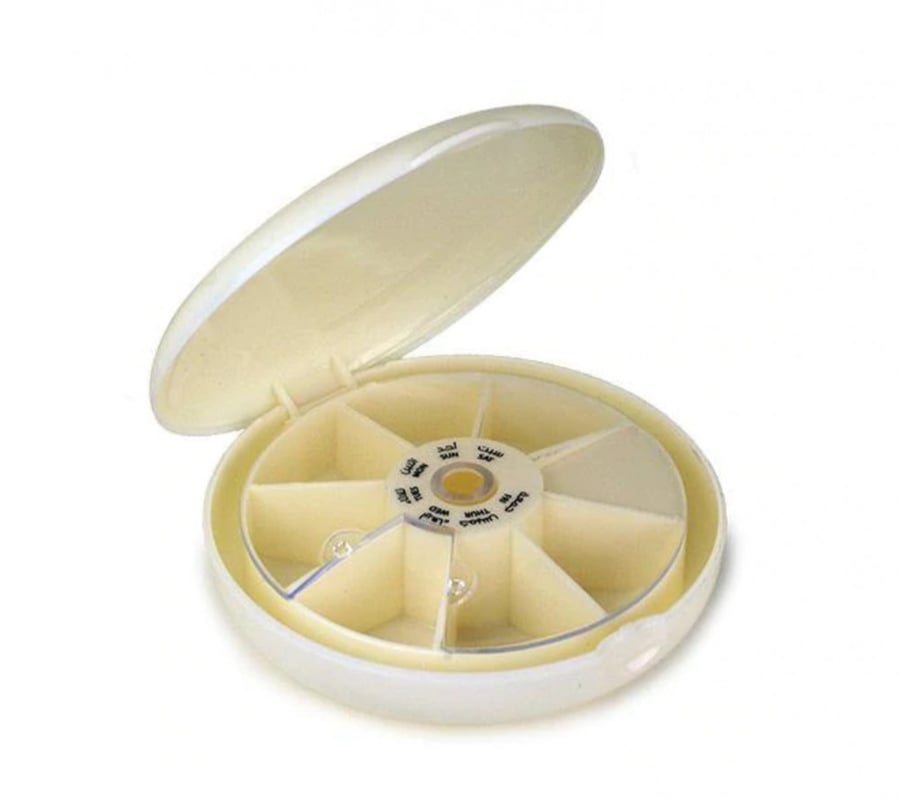 علبة لتنظيم الادوية دائرية اسبوعية مع غطاء ابيض 001
