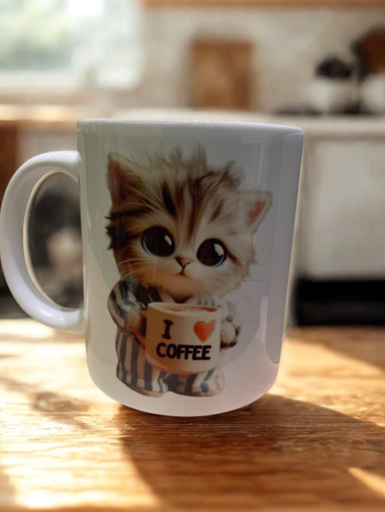 A ceramic coffee cup decorated with a cute cat